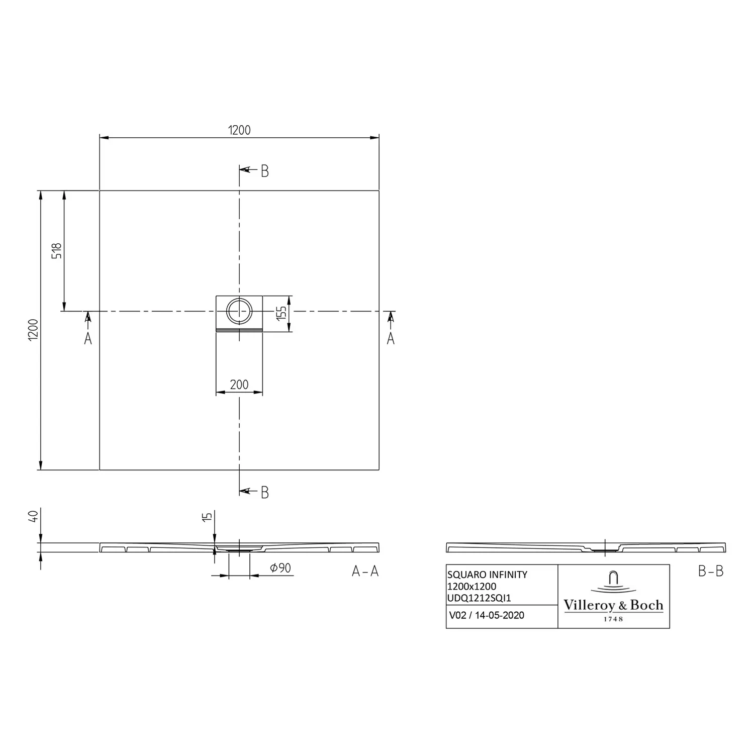Rysunek techniczny brodzika prysznicowego z wymiarami, Villeroy & Boch
