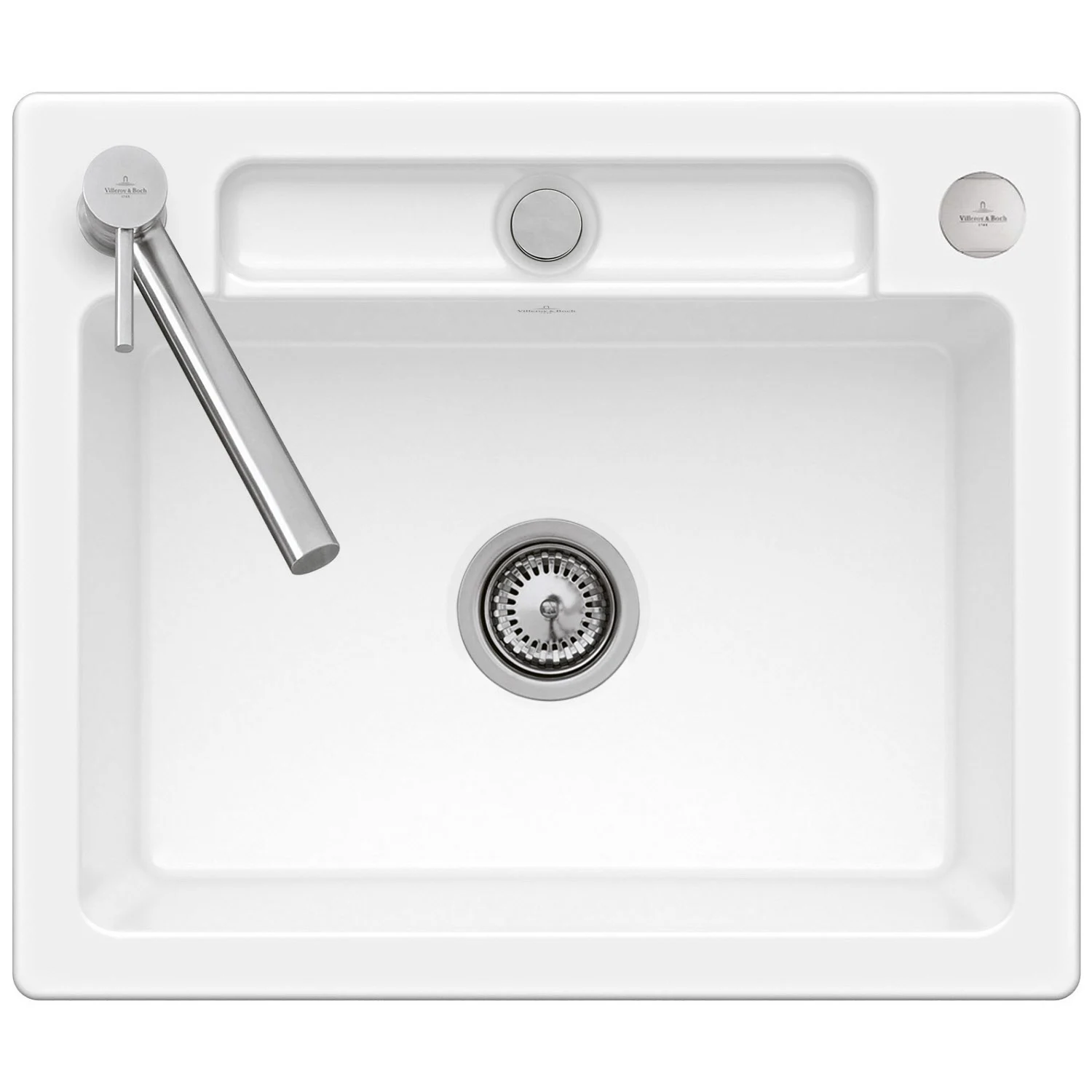 Biały zlew z baterią widok z góry, Villeroy & Boch