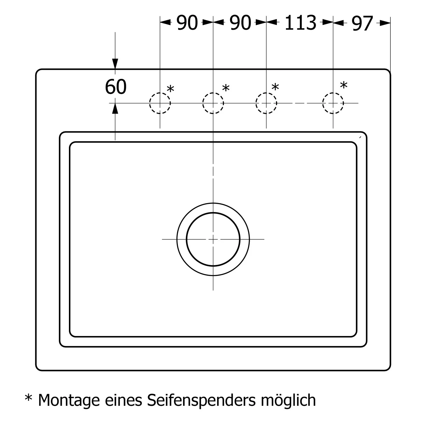 Rysunek techniczny zlewu wpuszczanego z wymiarami, Villeroy & Boch