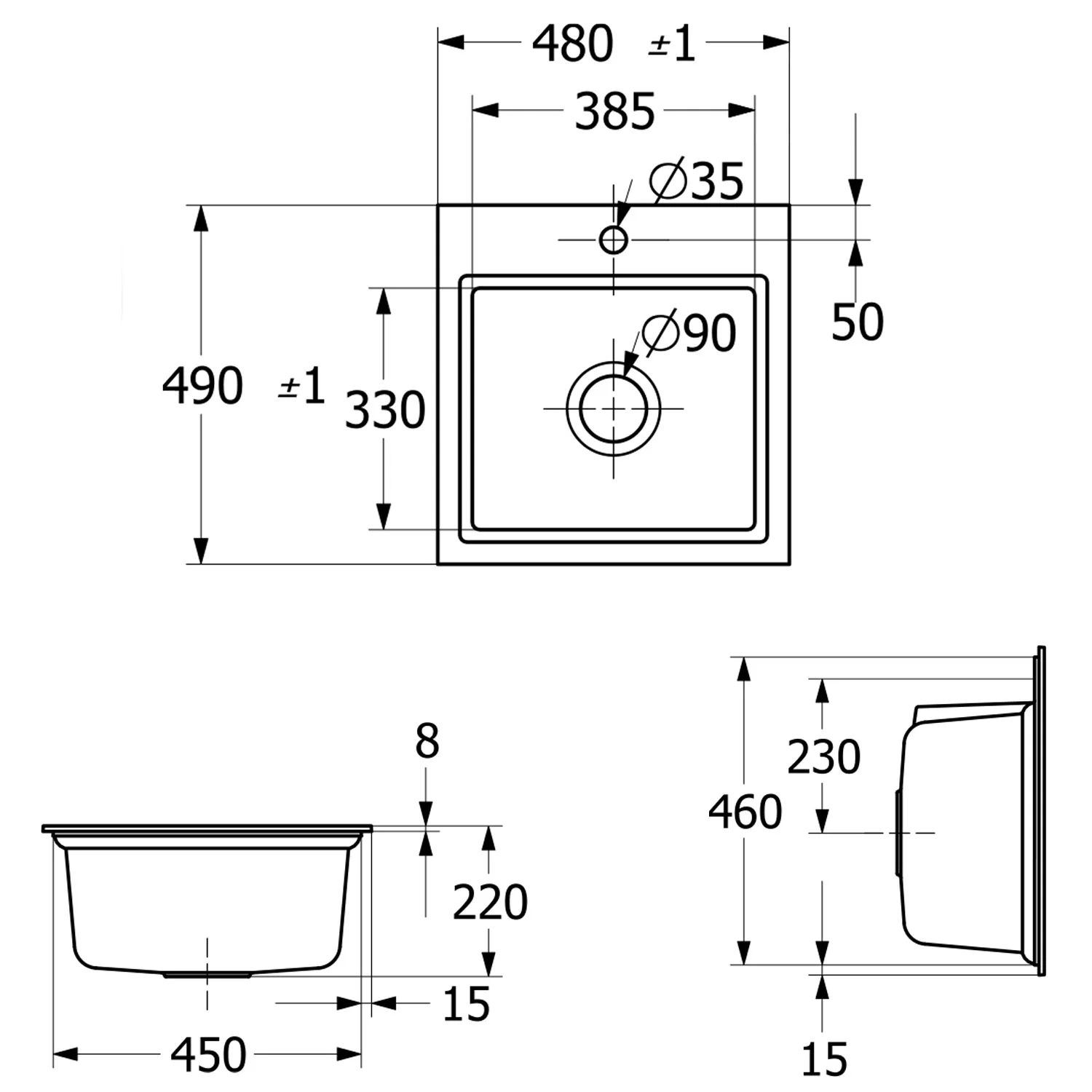 Rysunek techniczny kwadratowego zlewu wpuszczanego, Villeroy & Boch