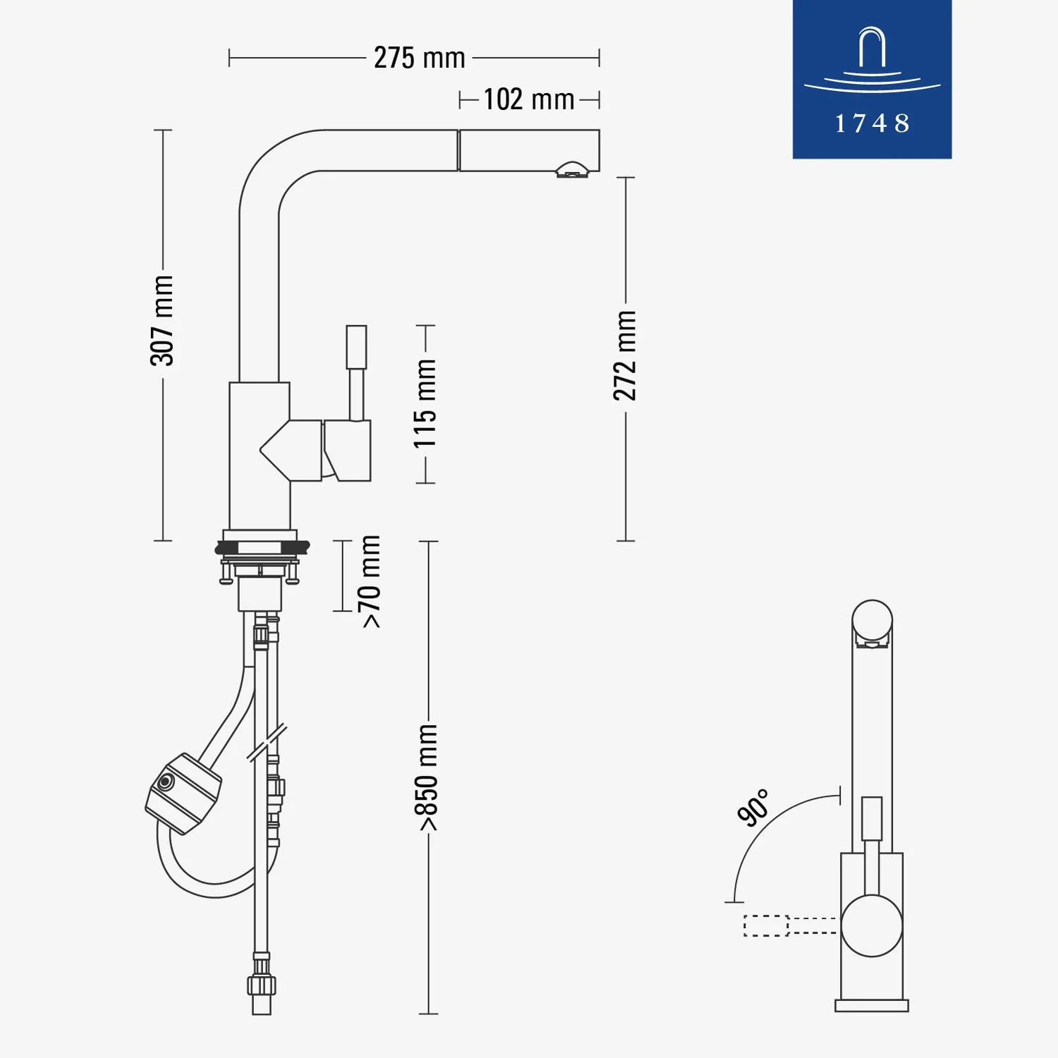 Rysunek techniczny baterii kuchennej z wymiarami, Villeroy & Boch