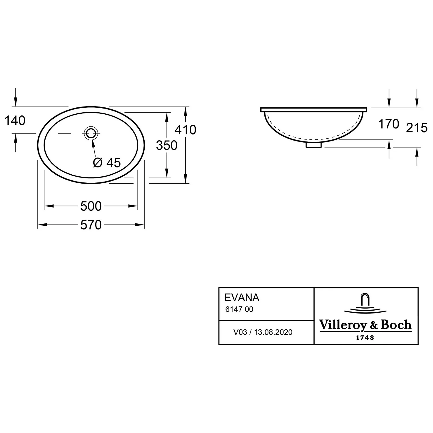 Rysunek techniczny umywalki podblatowej, Villeroy & Boch
