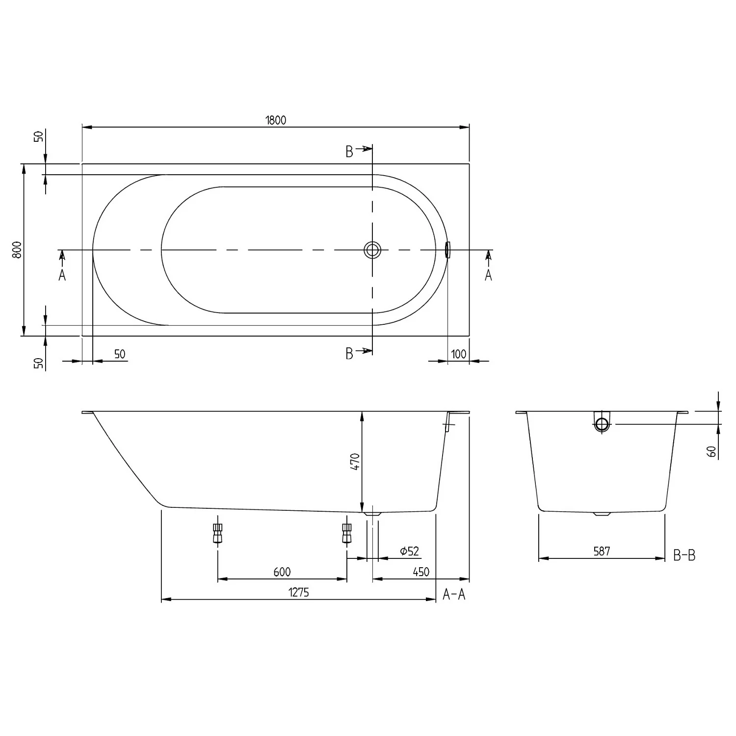 Rysunek techniczny wanny z wymiarami, Villeroy & Boch