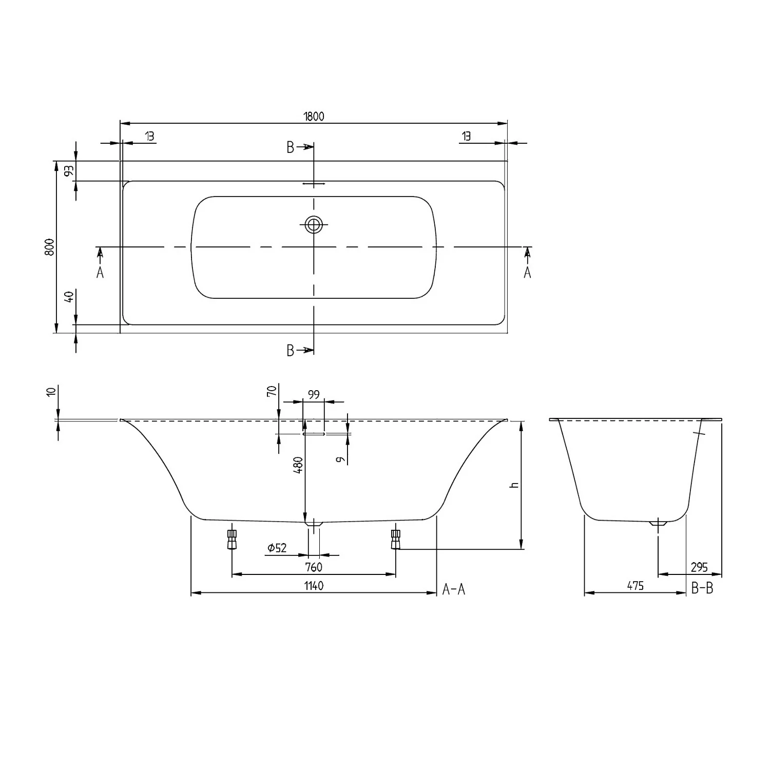 Rysunek techniczny wanny z wymiarami, Villeroy & Boch