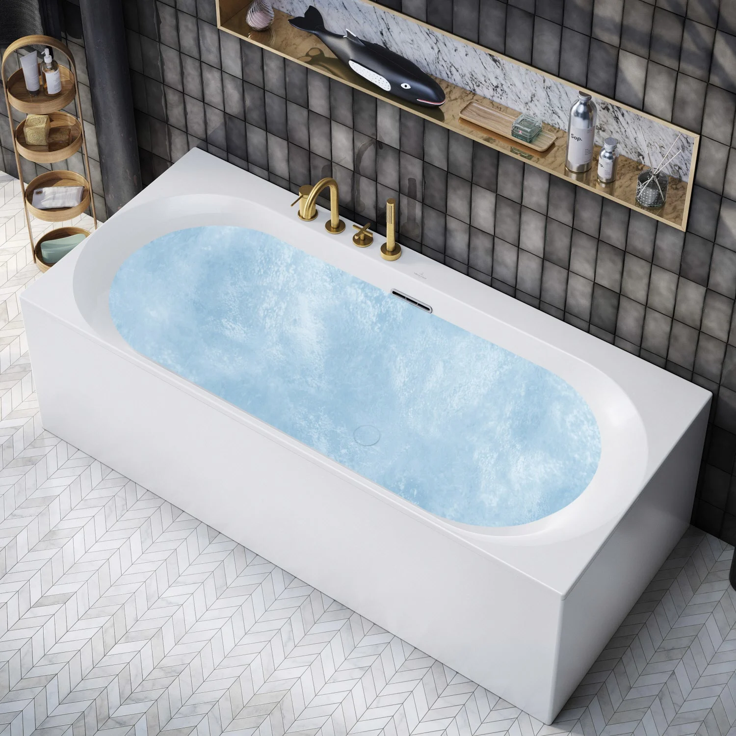 Biała wanna z wodą w nowoczesnej łazience, Villeroy & Boch