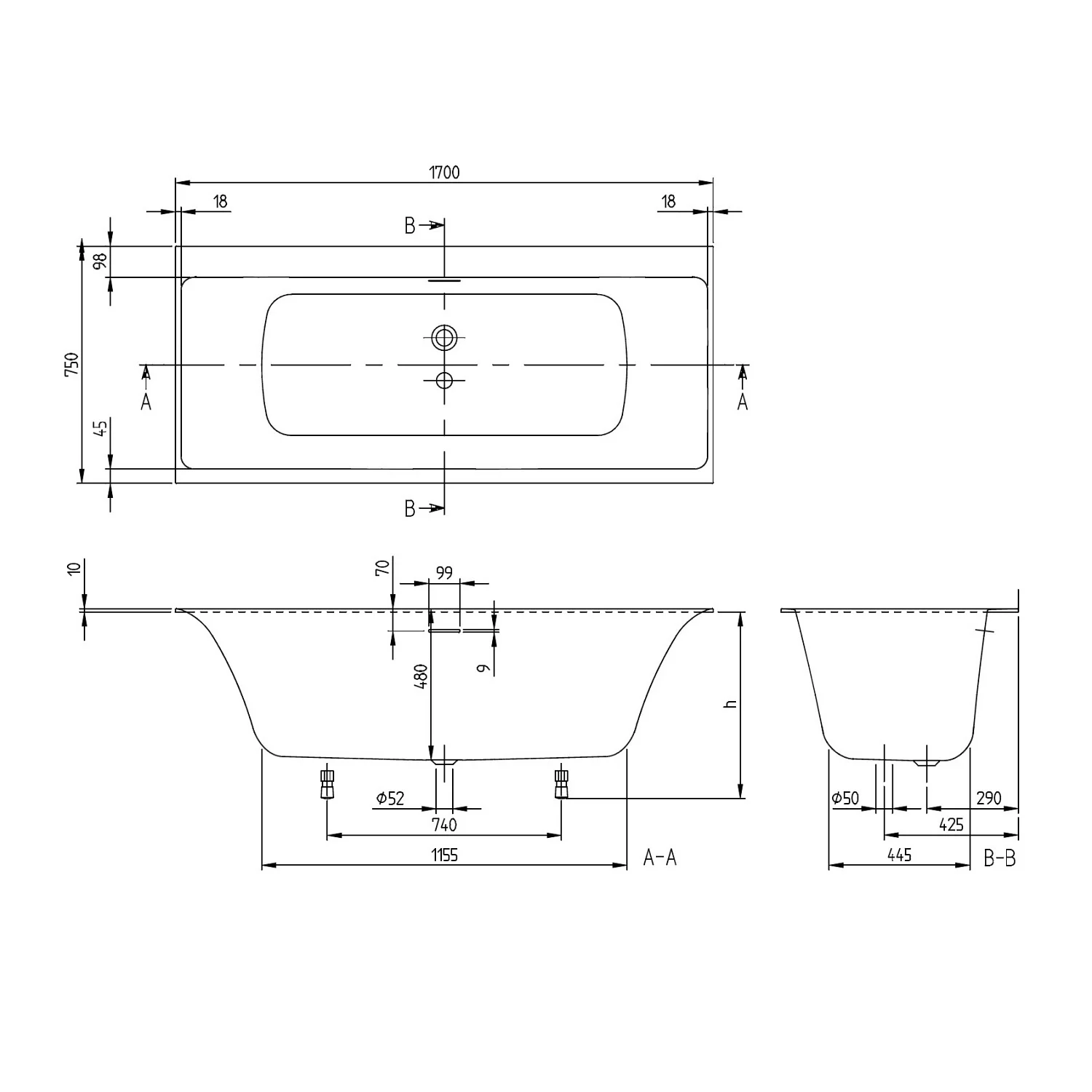 Rysunek techniczny wanny z wymiarami, Villeroy & Boch