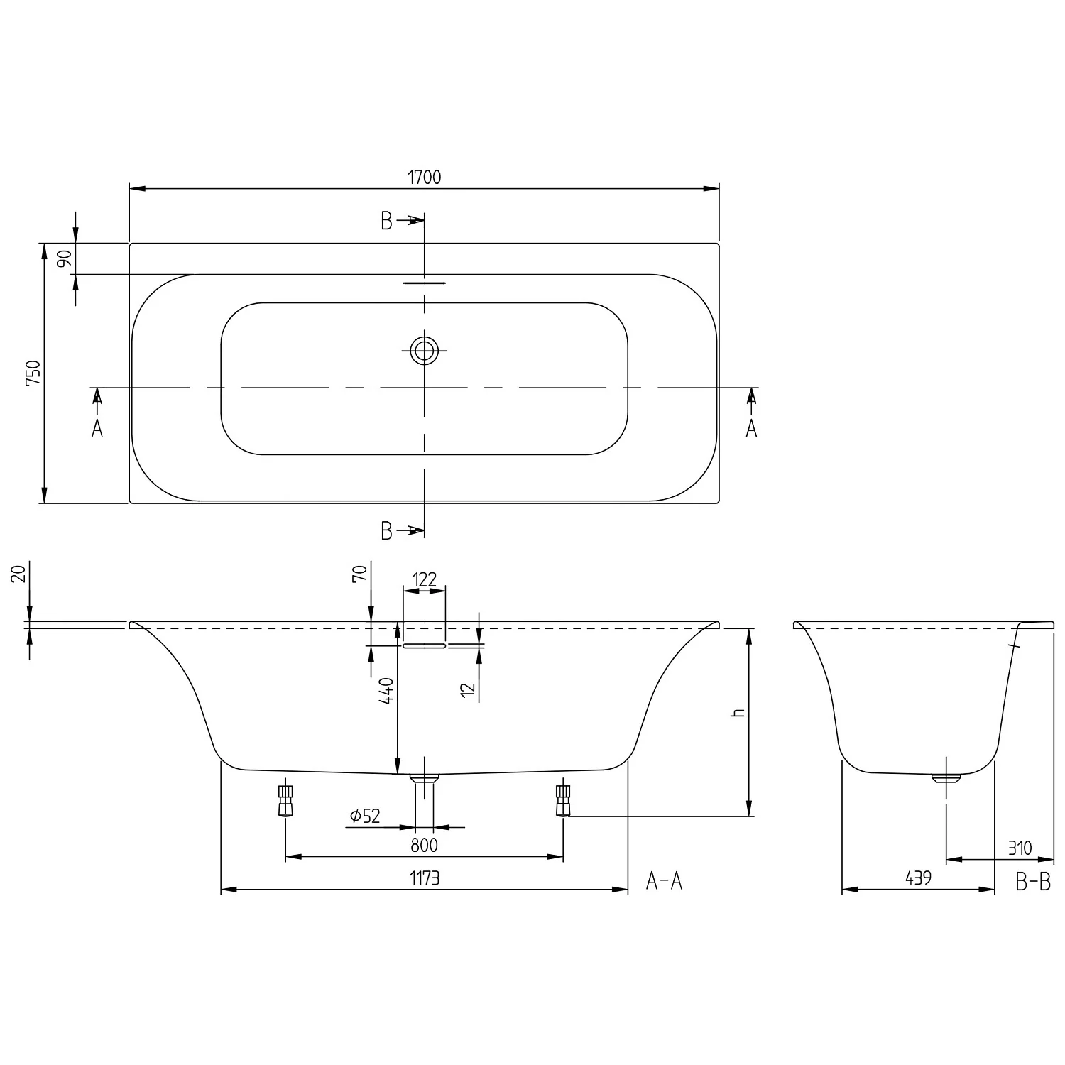 Rysunek techniczny wanny z wymiarami, Villeroy & Boch