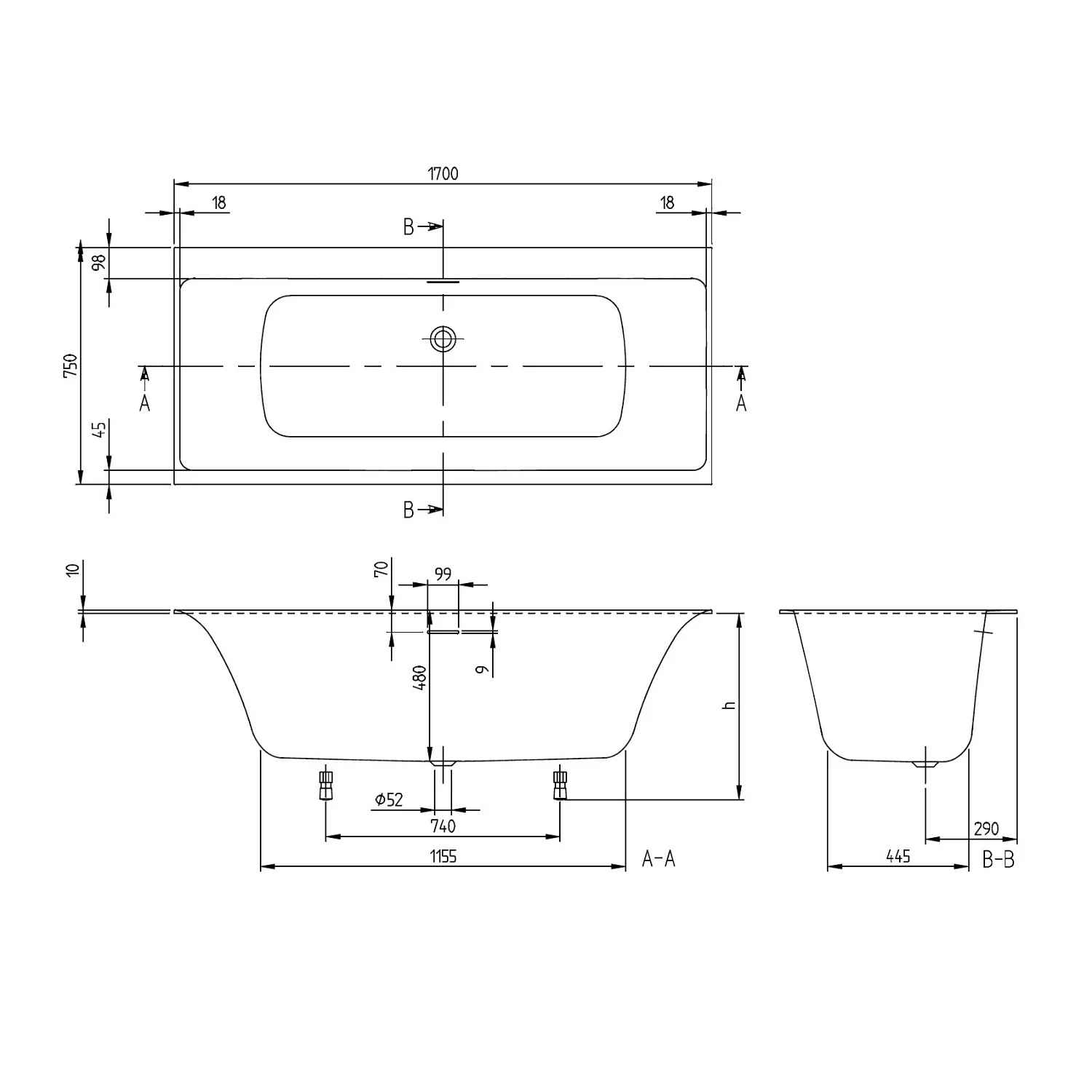 Rysunek techniczny wanny z wymiarami, Villeroy & Boch