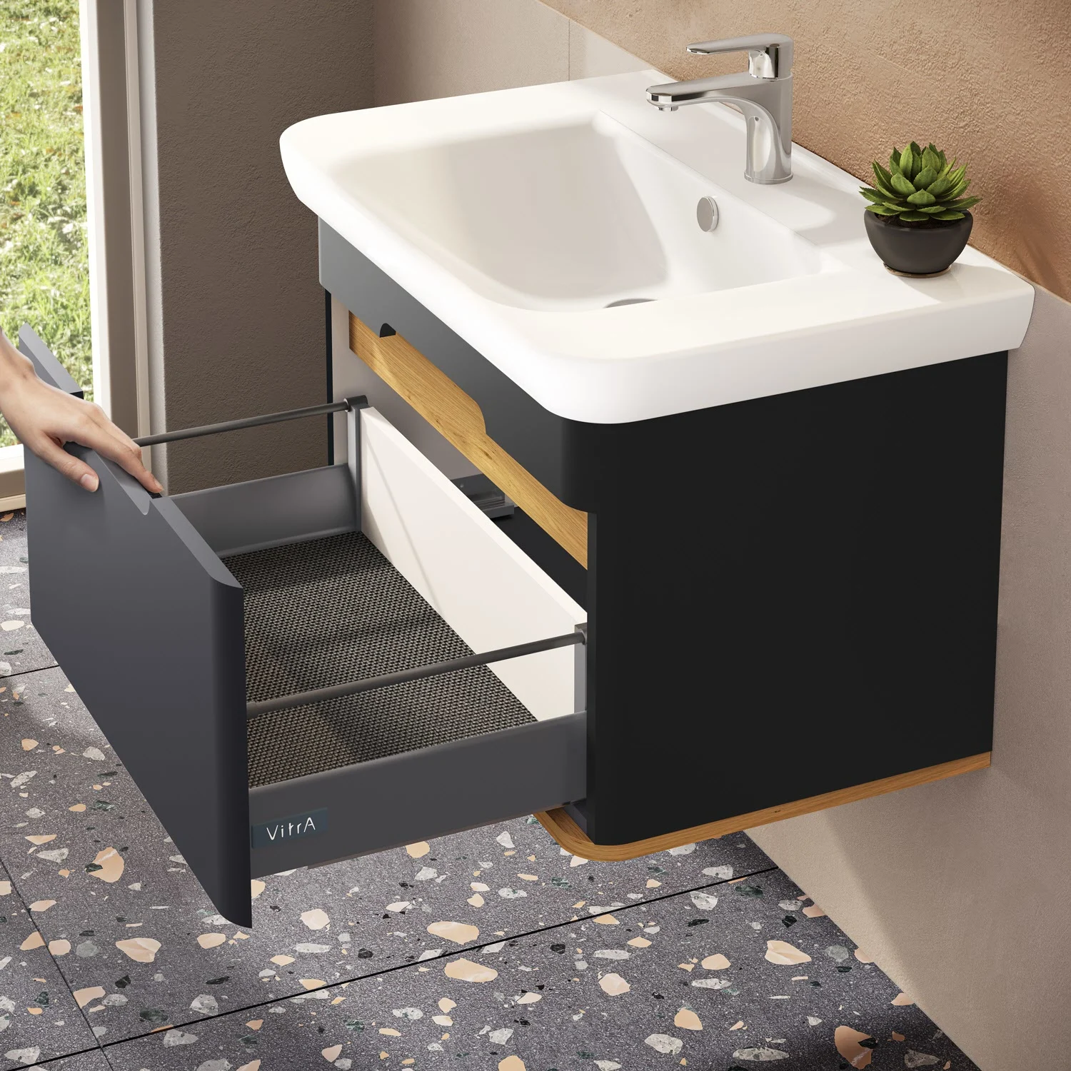 Czarna umywalka z otwartą szufladą, Vitra