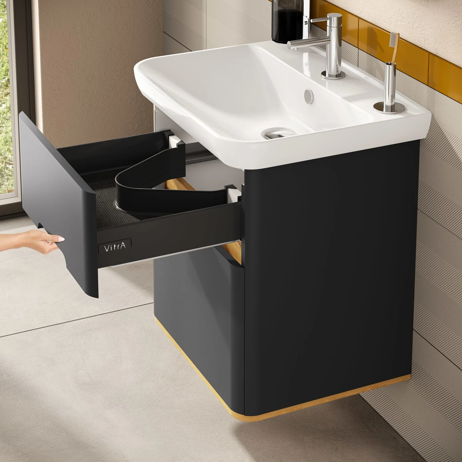 Umywalka z otwartą szafką z szufladami w łazience, Vitra