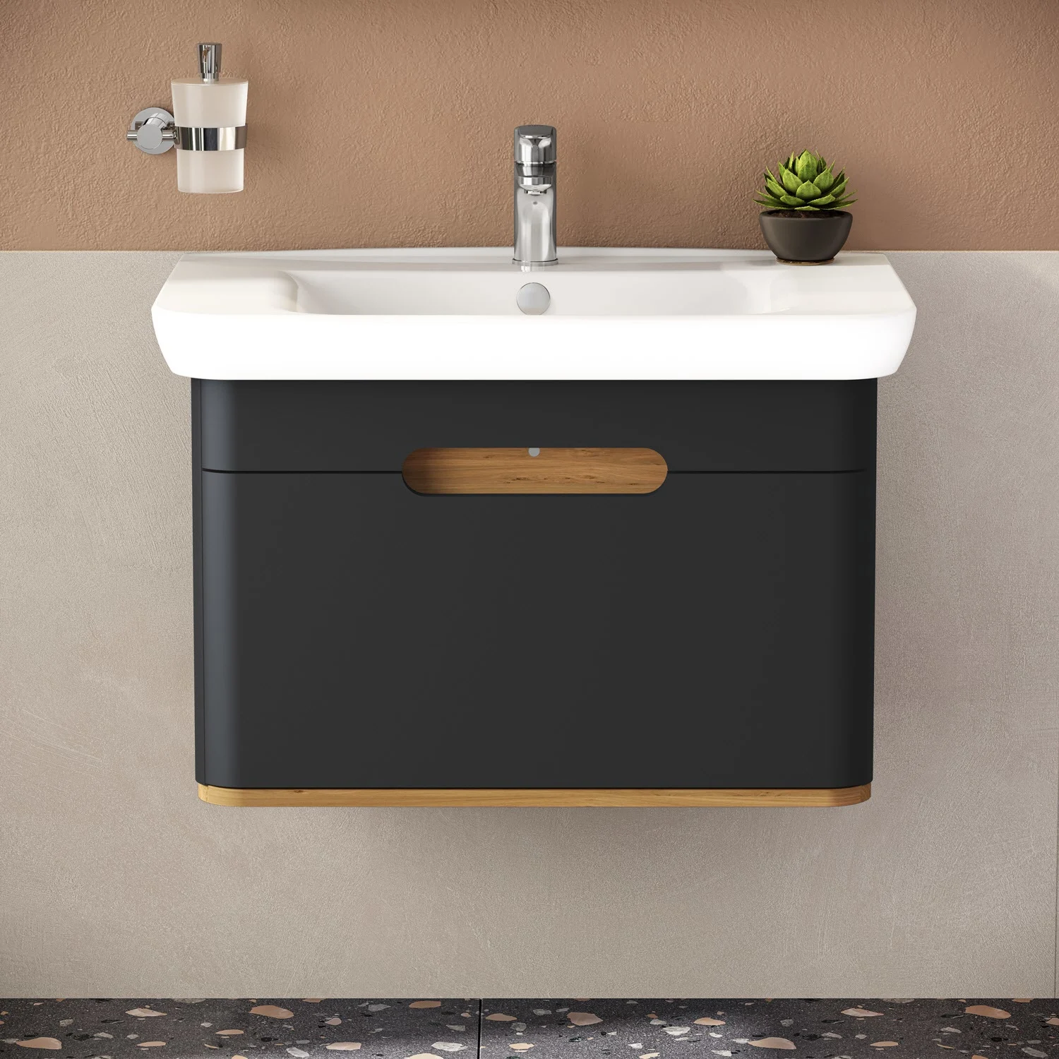 Czarna umywalka z drewnianymi detalami w łazience, Vitra