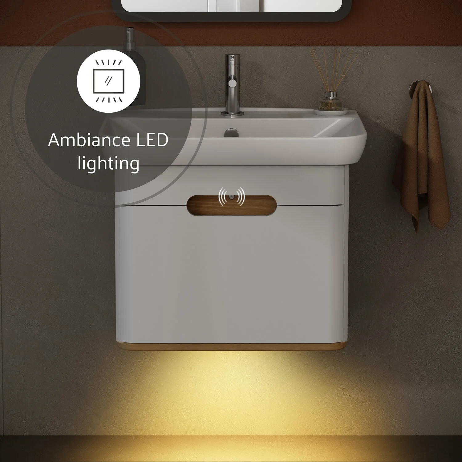 Biała umywalka z oświetleniem LED w łazience, Vitra