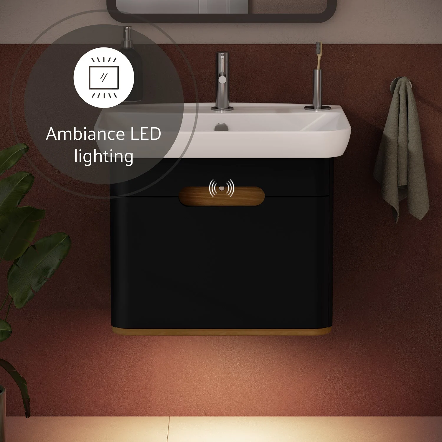 Czarna umywalka z oświetleniem LED w łazience, Vitra
