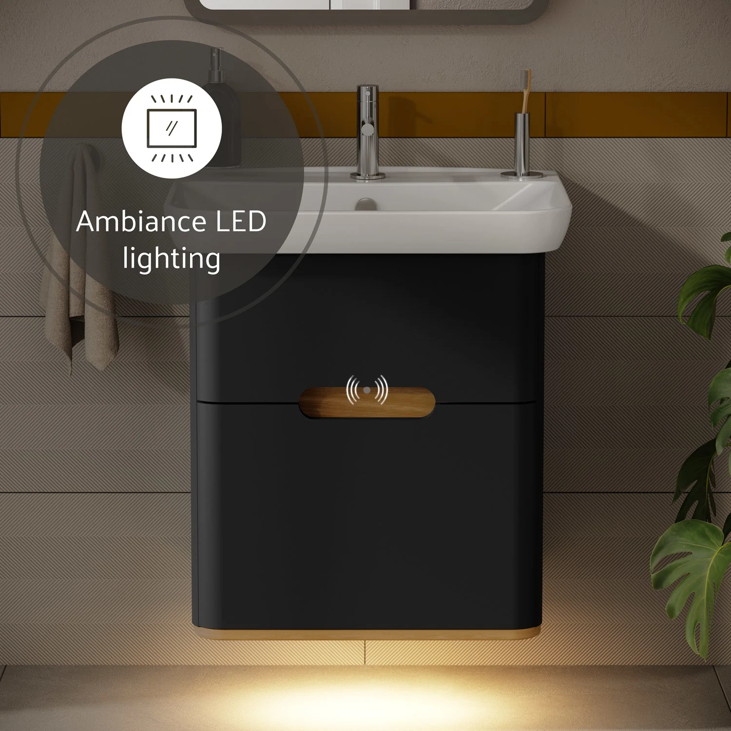 Czarna umywalka z oświetleniem LED w łazience, Vitra