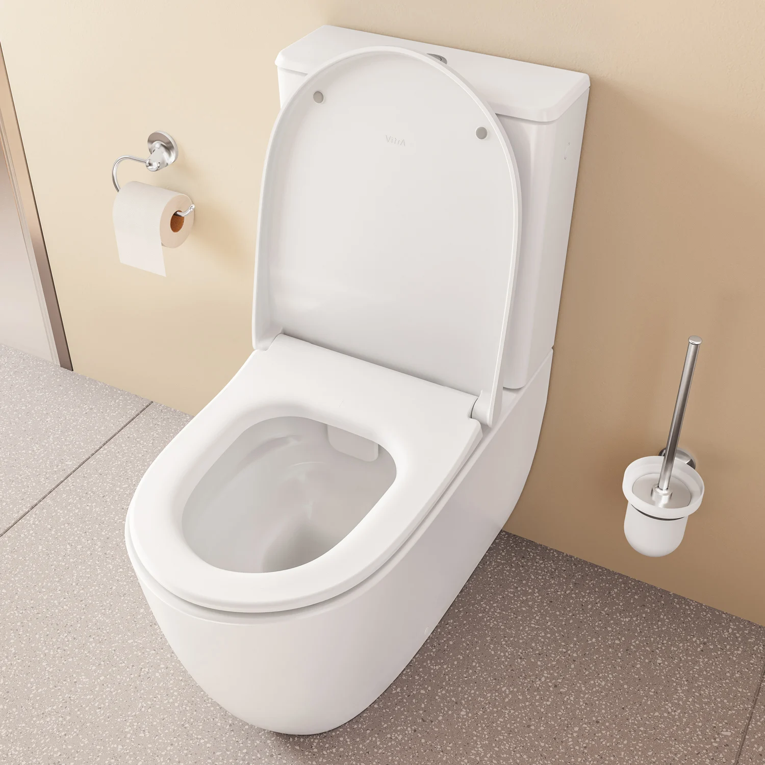 Biała toaleta z otwartą pokrywą w łazience, Vitra