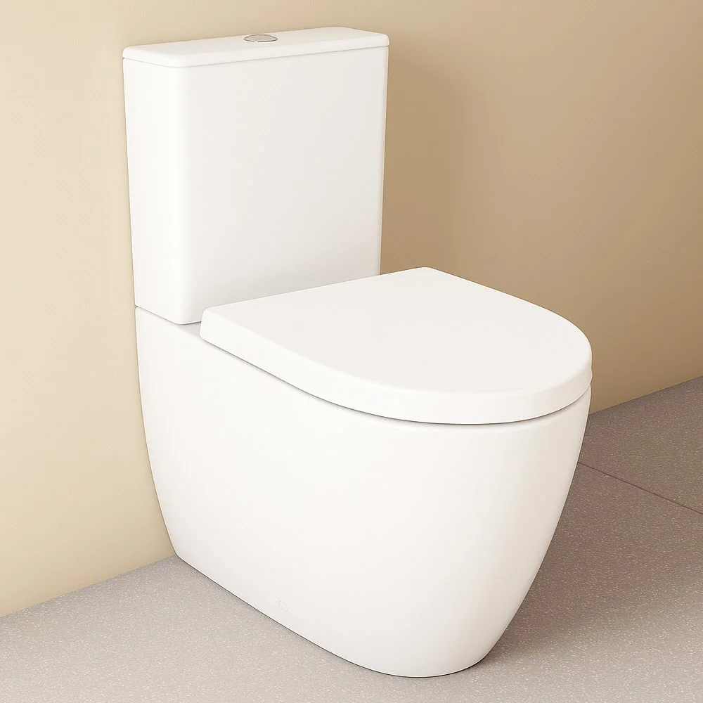 Zestaw toaletowy VitrA Sento z toaletą stojącą VitrA Flush 2.0 z systemem spłukiwania głębokiego bez obrzeża, z deską sedesową i spłuczką nasadową