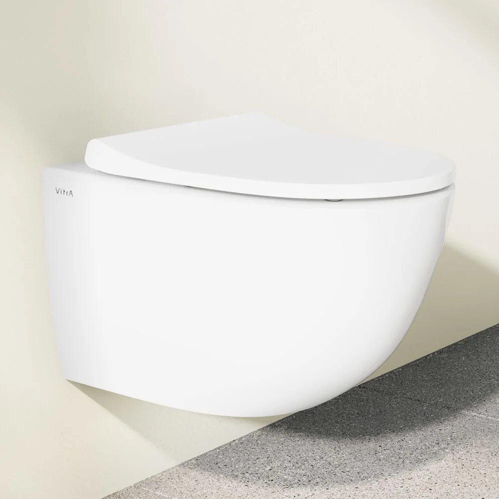 Zestaw toaletowy VitrA Sento do montażu na ścianie – VitrA Flush 2.0 z systemem głębokiego spłukiwania bez obrzeża spłukującego wraz z deską sedesową Slim Wrap