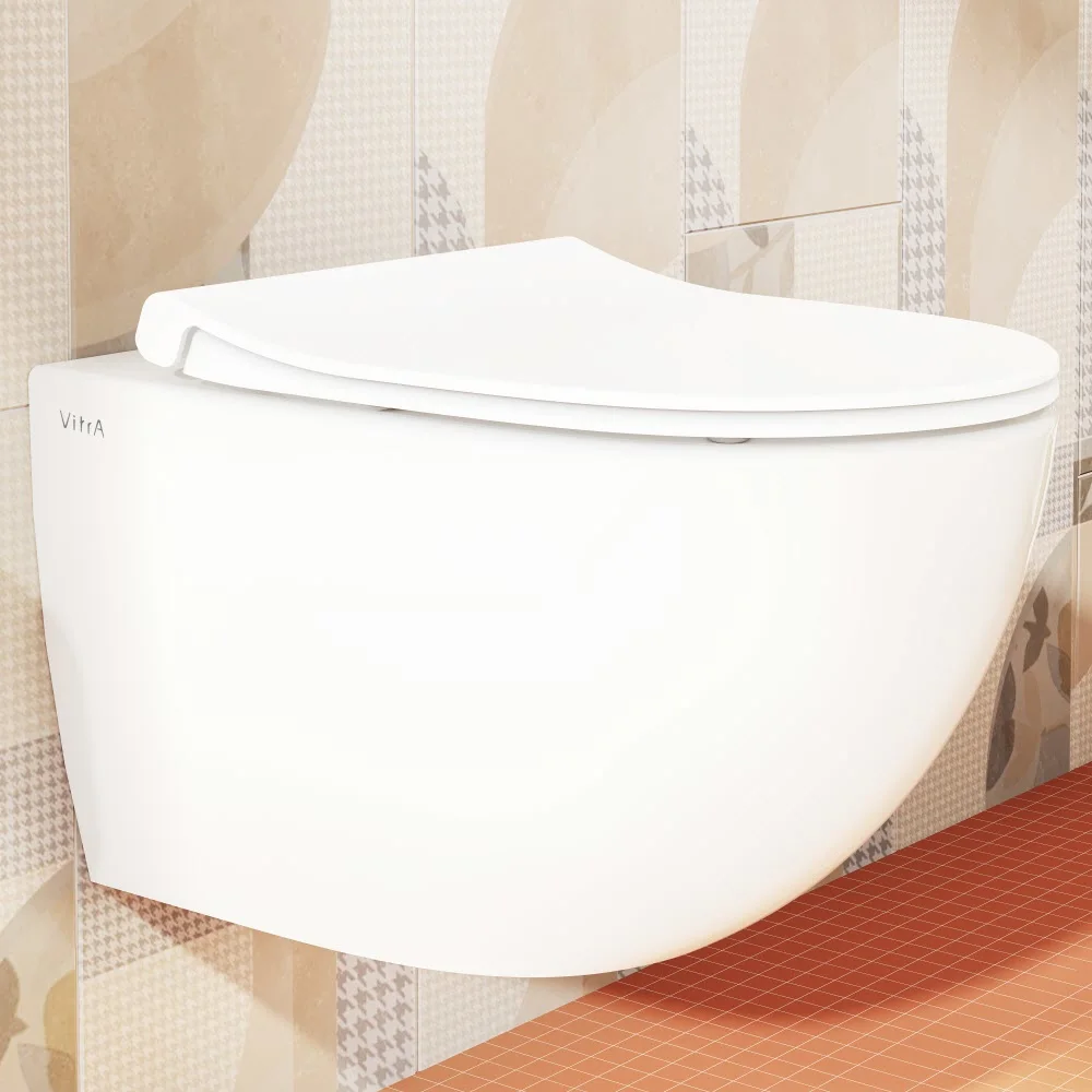 Zestaw toaletowy VitrA Sento do montażu na ścianie – VitrA Flush 2.0 z systemem głębokiego spłukiwania bez obrzeża spłukującego, z deską sedesową Slim