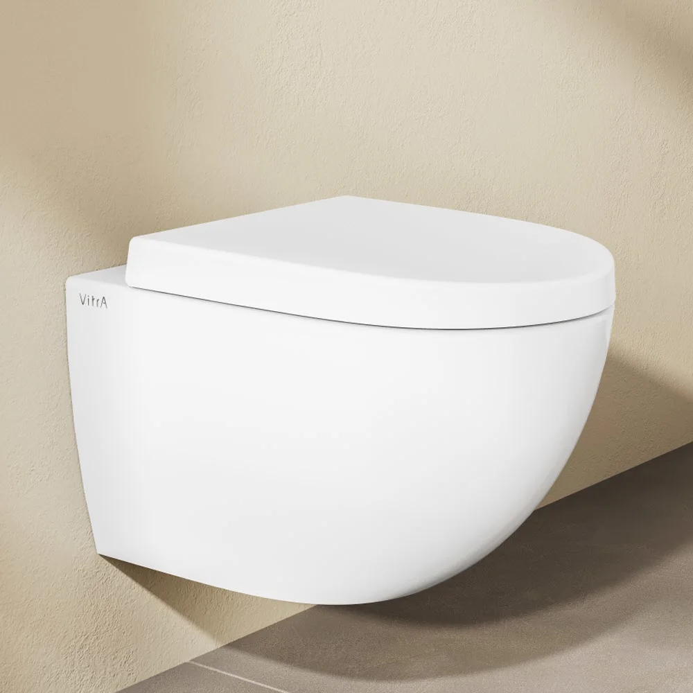 Zestaw toaletowy VitrA Sento do montażu na ścianie – VitrA Flush 2.0 z głębokim spłukiwaniem, bez obrzeża spłukującego, z deską sedesową bez mechanizmu powolnego opadania