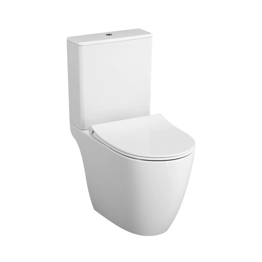 Zestaw toaletowy VitrA Sento z toaletą stojącą VitrA Flush 2.0 z systemem spłukiwania głębokiego bez obrzeża, z deską sedesową i spłuczką nasadową