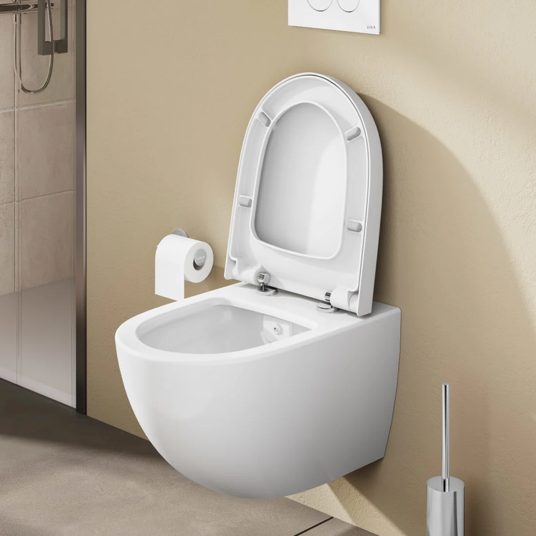 Zestaw toaletowy VitrA Sento do montażu na ścianie – VitrA Flush 2.0 z głębokim spłukiwaniem, bez obrzeża spłukującego, z deską sedesową bez mechanizmu powolnego opadania Zdjęcie 4