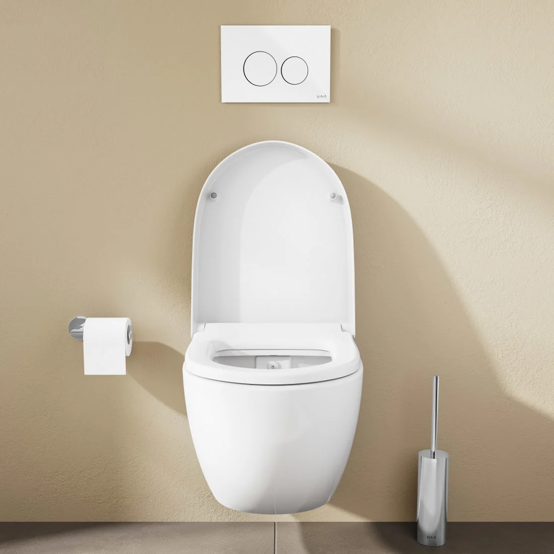 Zestaw toaletowy VitrA Sento do montażu na ścianie – VitrA Flush 2.0 z głębokim spłukiwaniem, bez obrzeża spłukującego, z deską sedesową bez mechanizmu powolnego opadania Zdjęcie 5