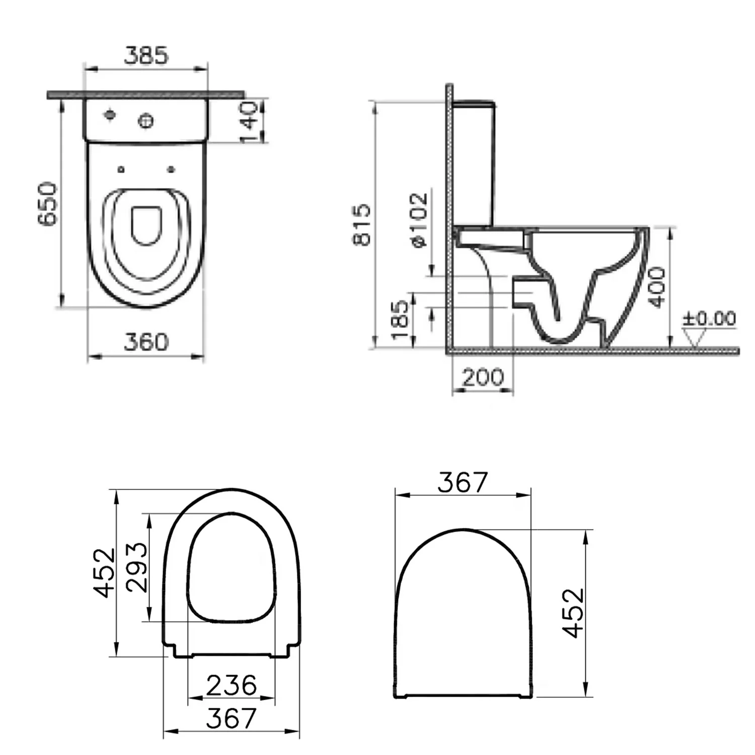 Rysunek techniczny toalety z wymiarami, Vitra