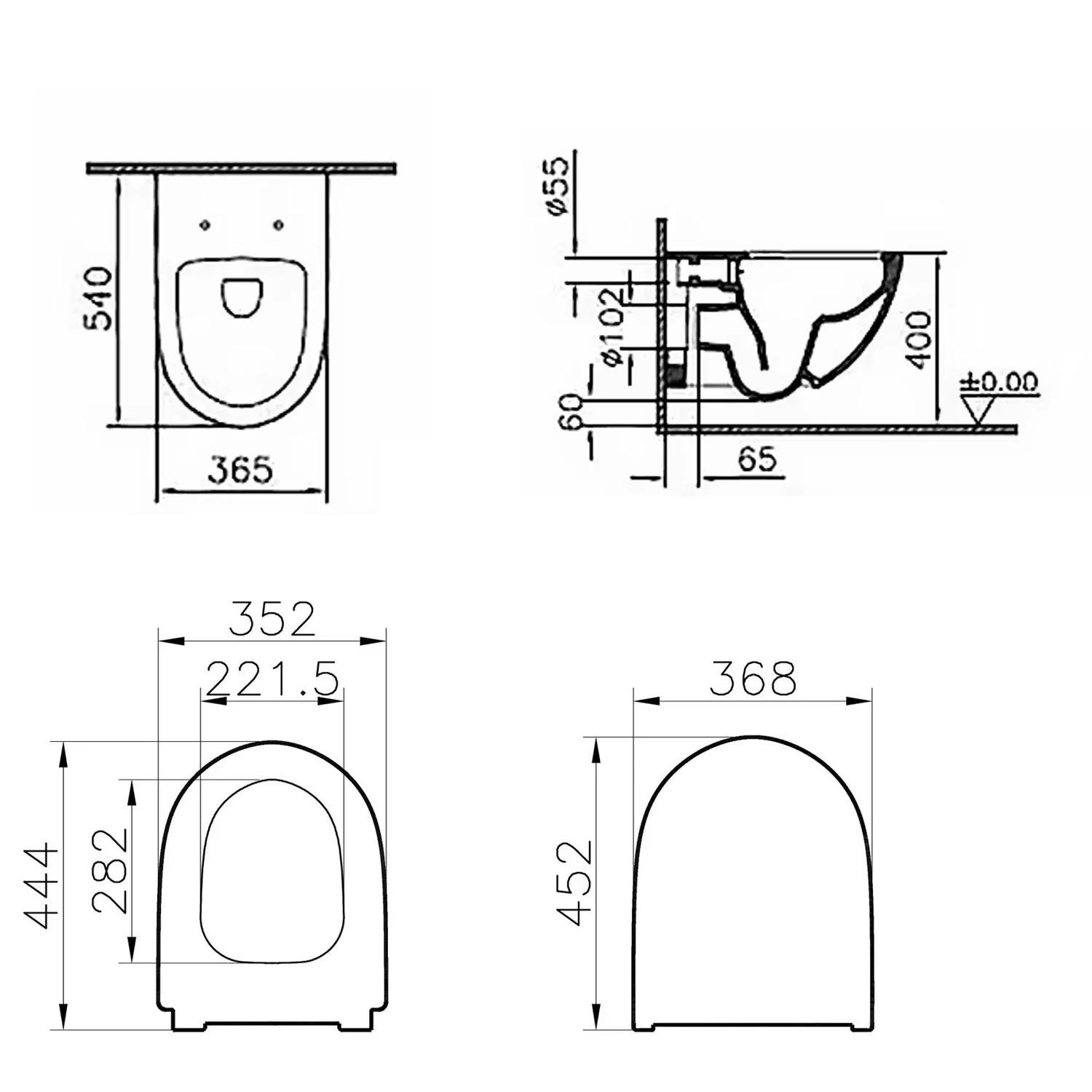 Rysunek techniczny toalety z wymiarami, Vitra
