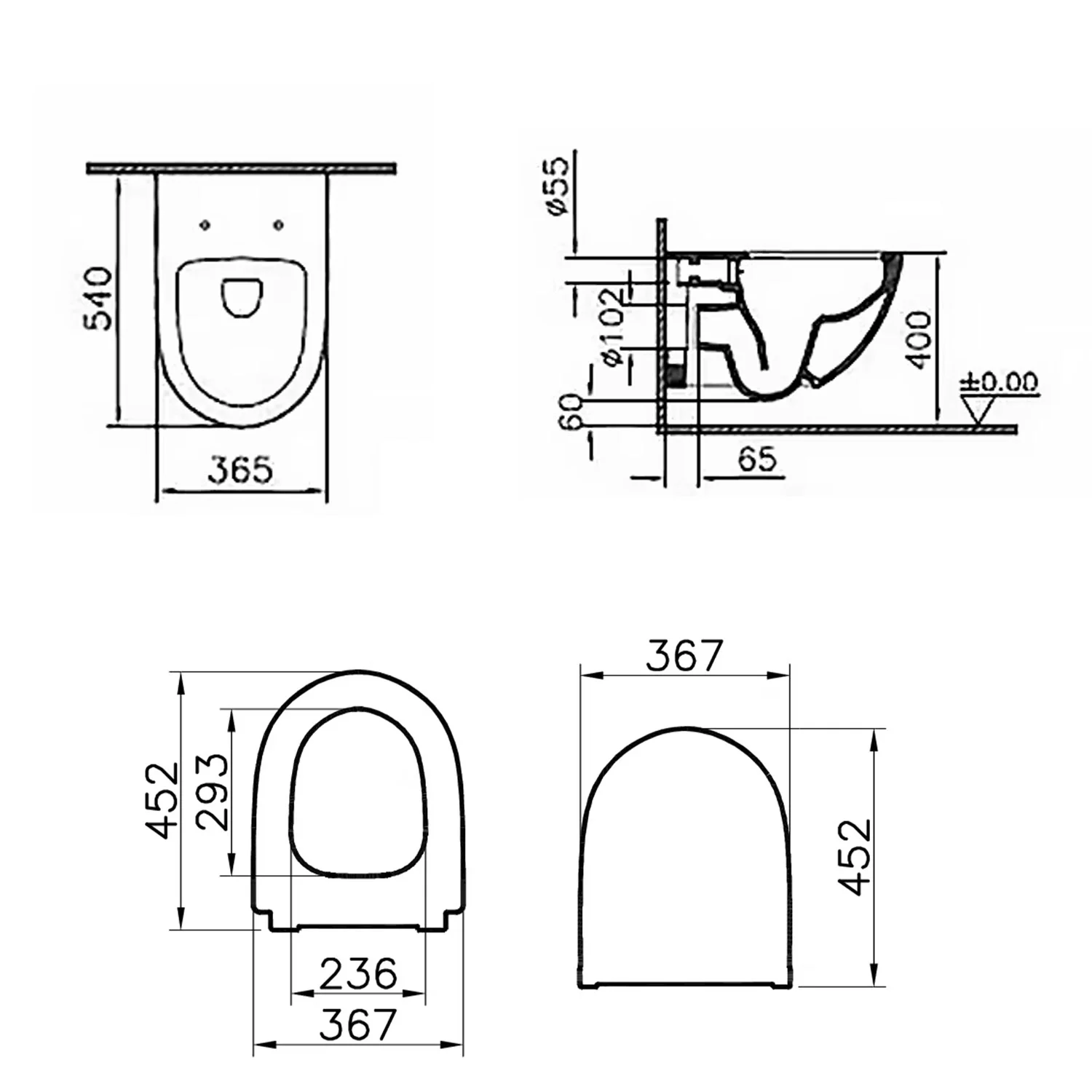 Rysunek techniczny toalety z wymiarami, Vitra