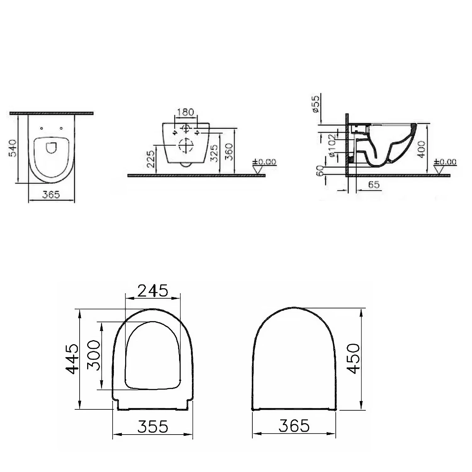 Rysunek techniczny toalety z wymiarami, Vitra