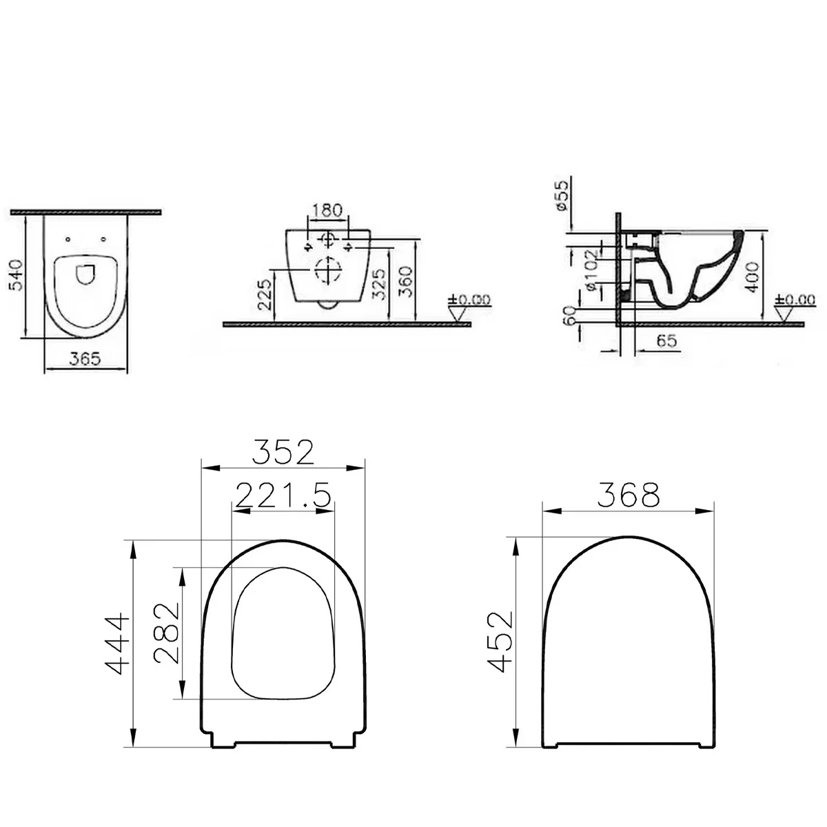 Rysunek techniczny toalety z wymiarami, Vitra