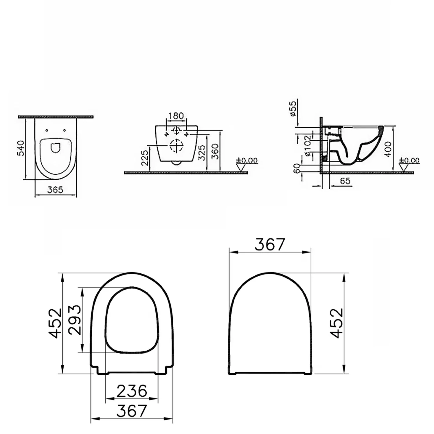 Rysunek techniczny toalety z wymiarami, Vitra