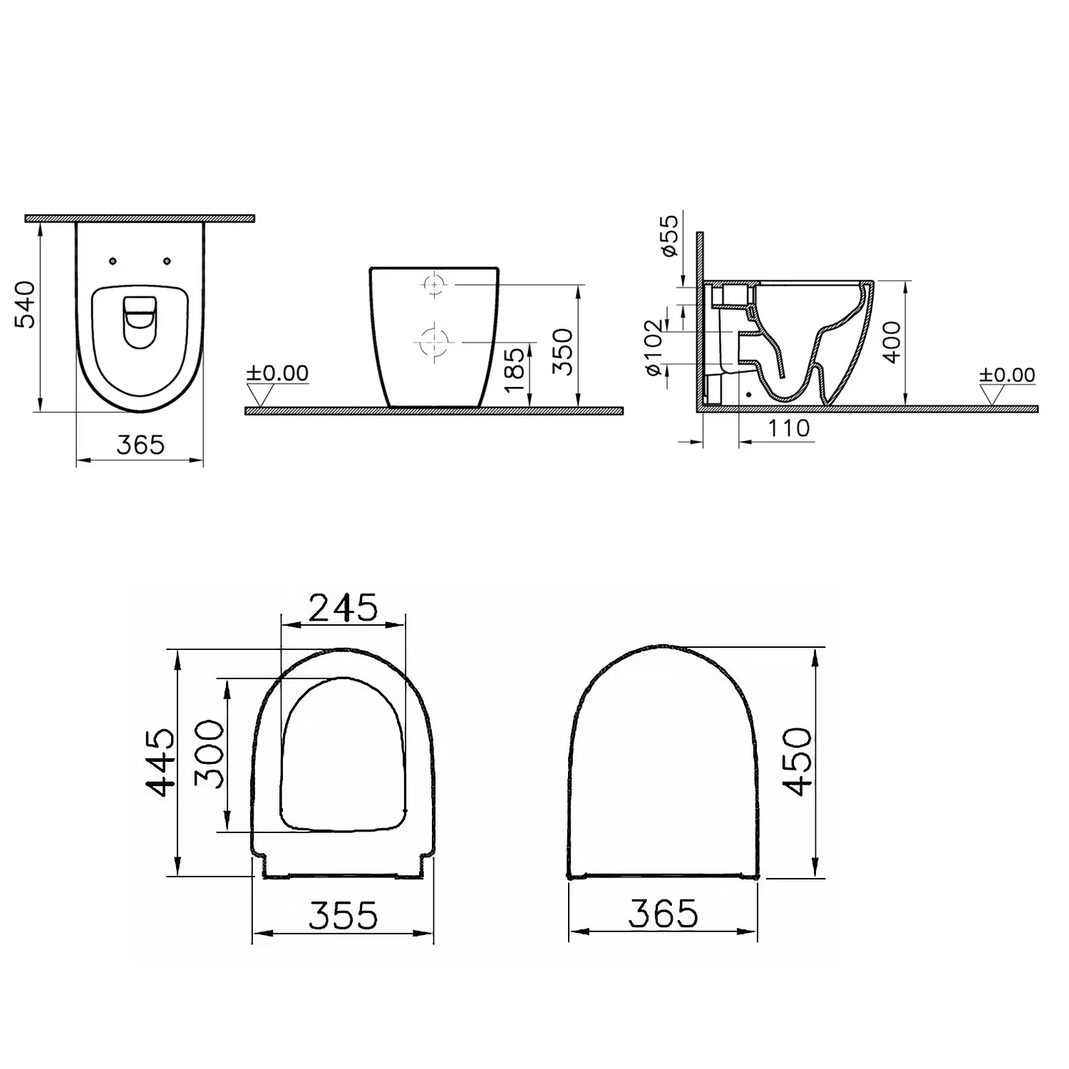 Rysunek techniczny toalety z wymiarami, Vitra
