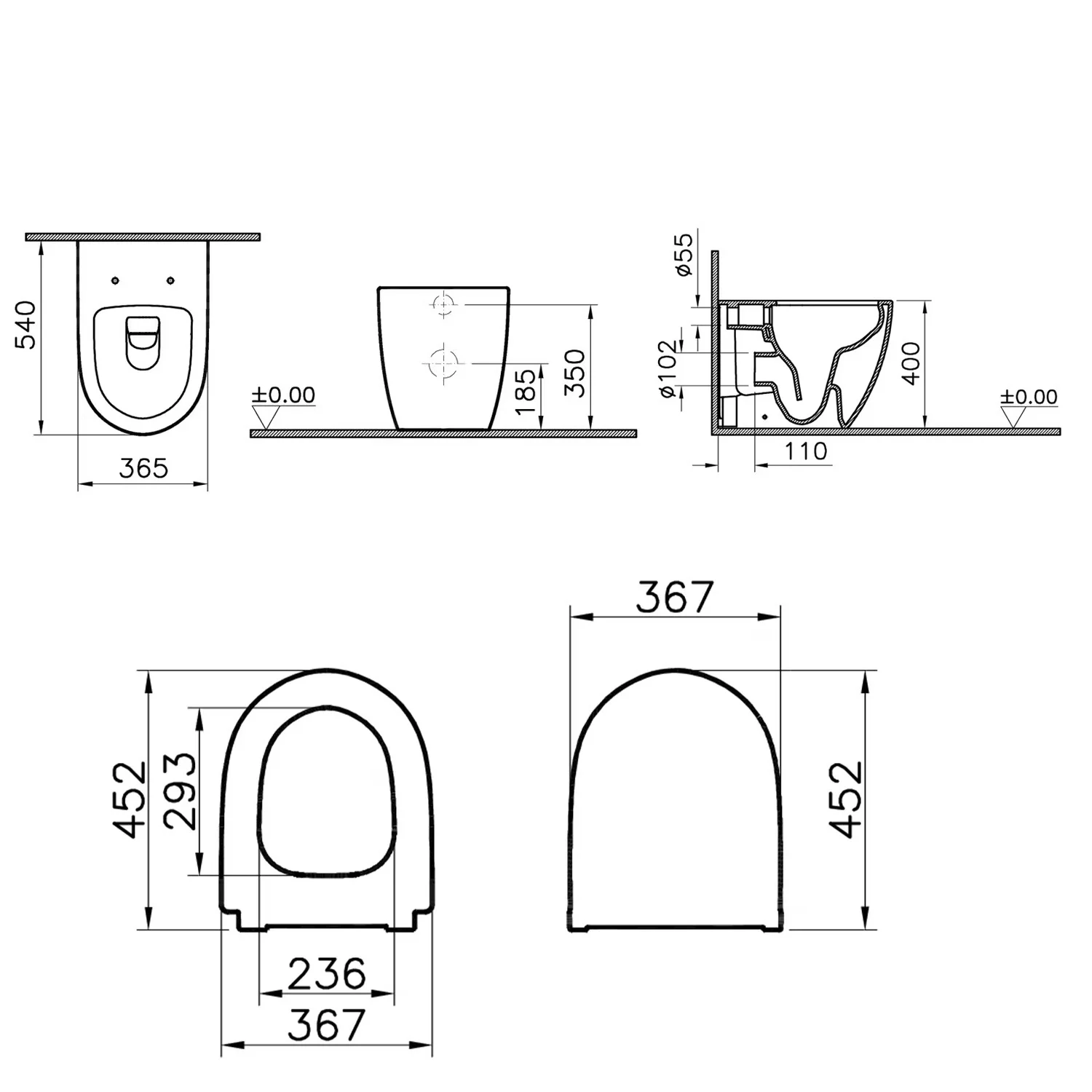 Rysunek techniczny toalety z wymiarami, Vitra