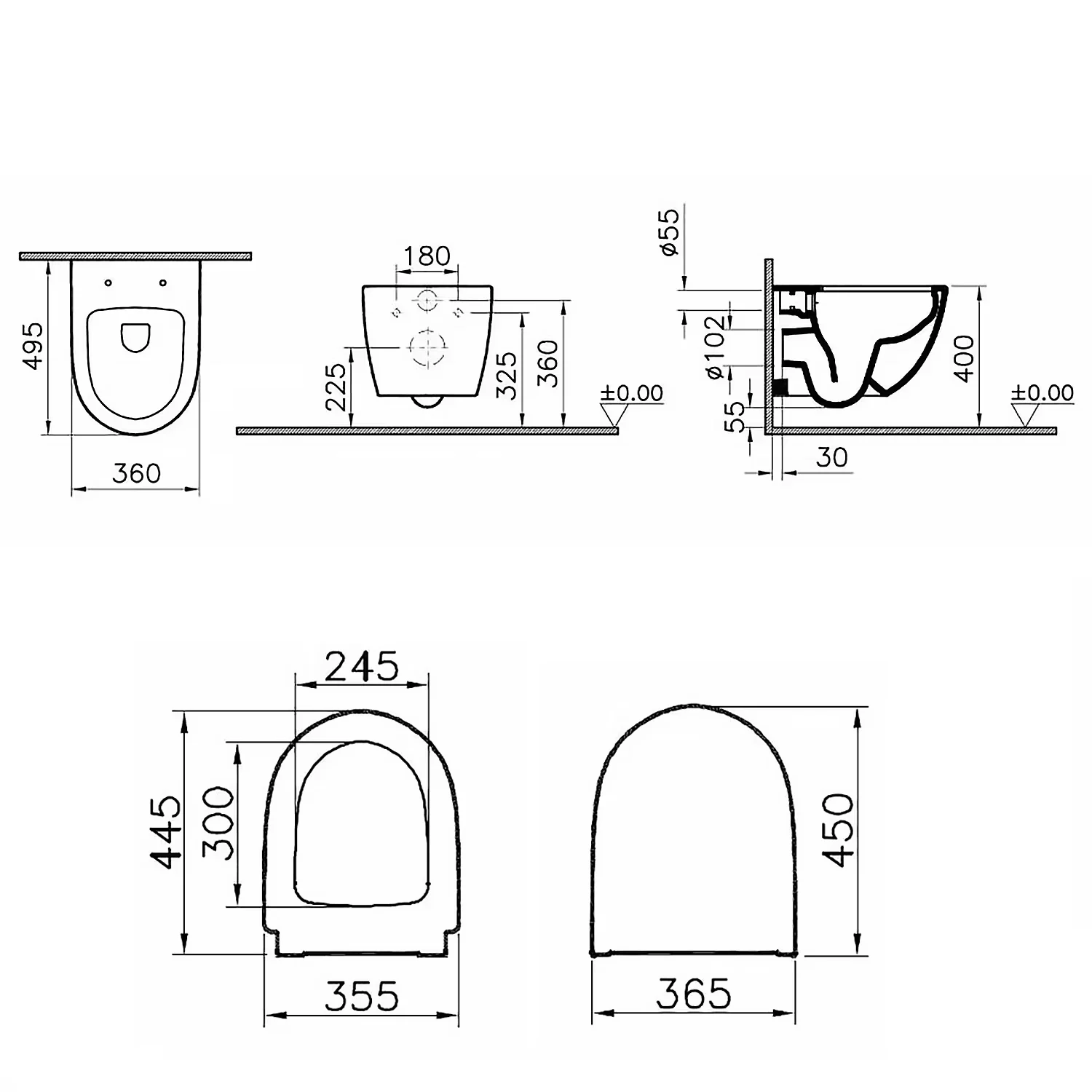 Rysunek techniczny toalety z wymiarami, Vitra