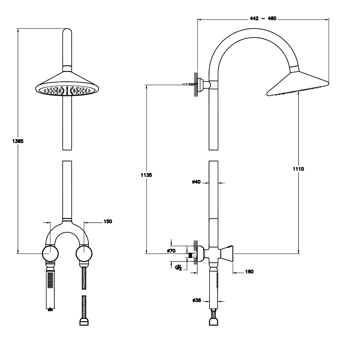 Rysunek techniczny systemu prysznicowego z wymiarami, Vitra