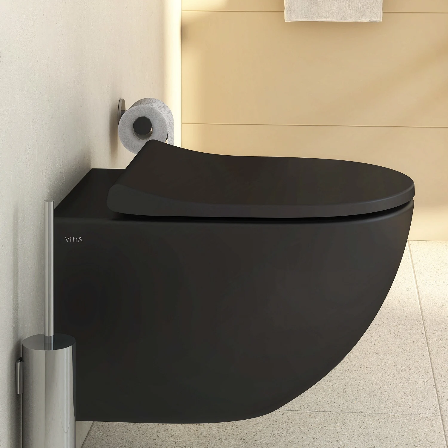 Czarna toaleta wisząca z uchwytem na papier toaletowy, Vitra