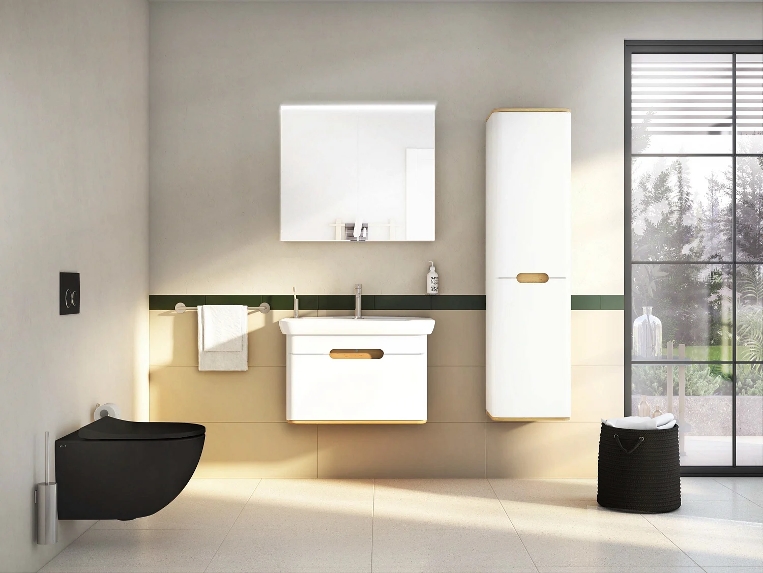Nowoczesna łazienka z czarną toaletą i umywalką, Vitra