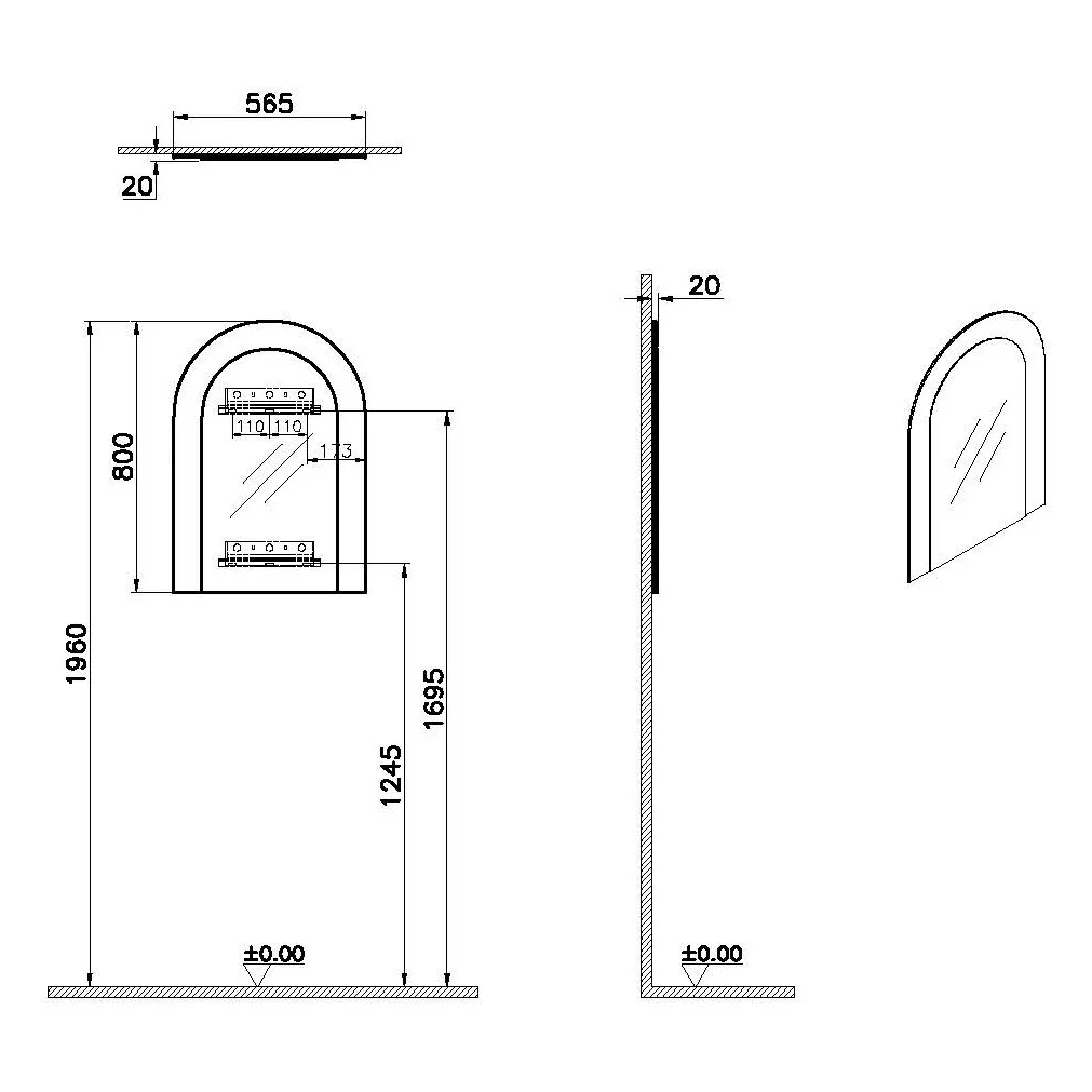 Rysunek techniczny lustra ściennego 57 x 196 cm, Vitra