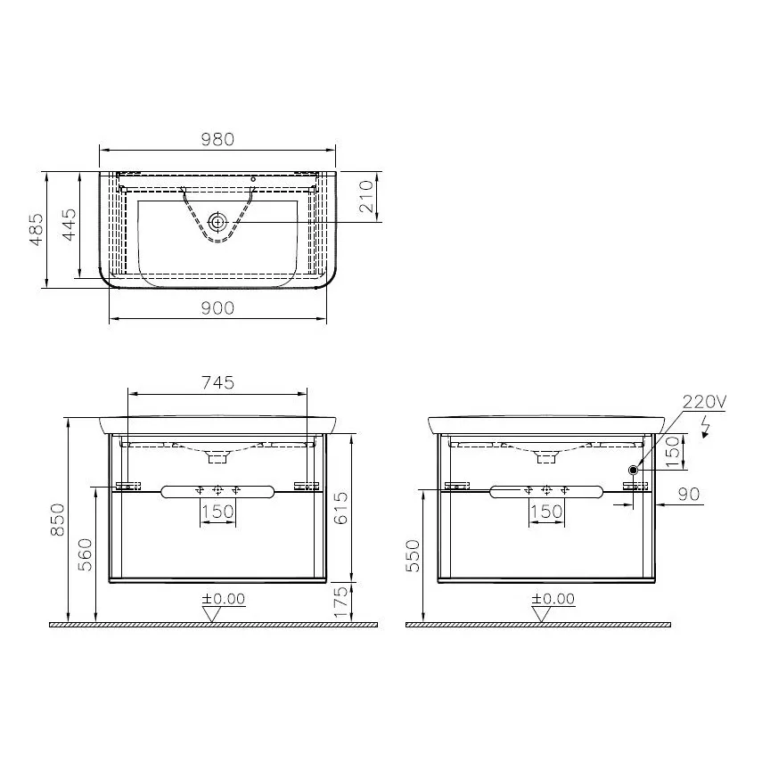 Rysunek techniczny zestawu umywalkowego z wymiarami, Vitra