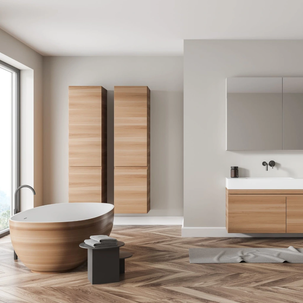 Modernes Badezimmer mit Holzbadewanne