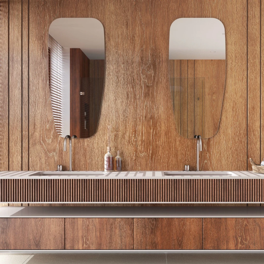 Badezimmer mit Waschtischen aus Holz