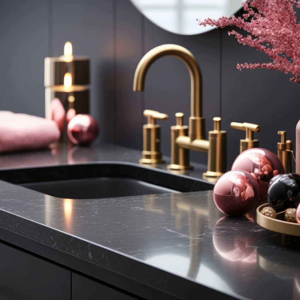 Rosa Badezimmer mit goldenen Accessoires