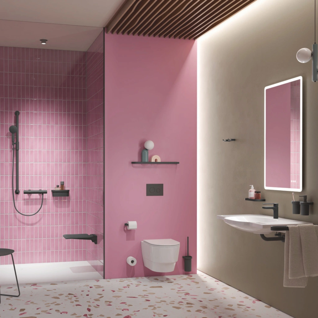 barrierefreies bad mit rosa akzenten