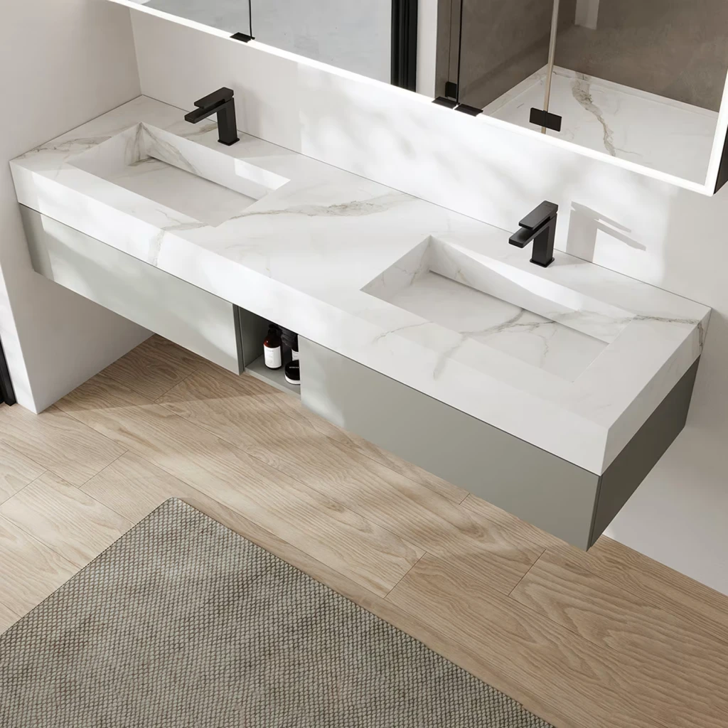 ALLUVION Lapetos Doppel-Waschtisch Laminam® mit Unterschrank 180 cm, mit Hahnloch