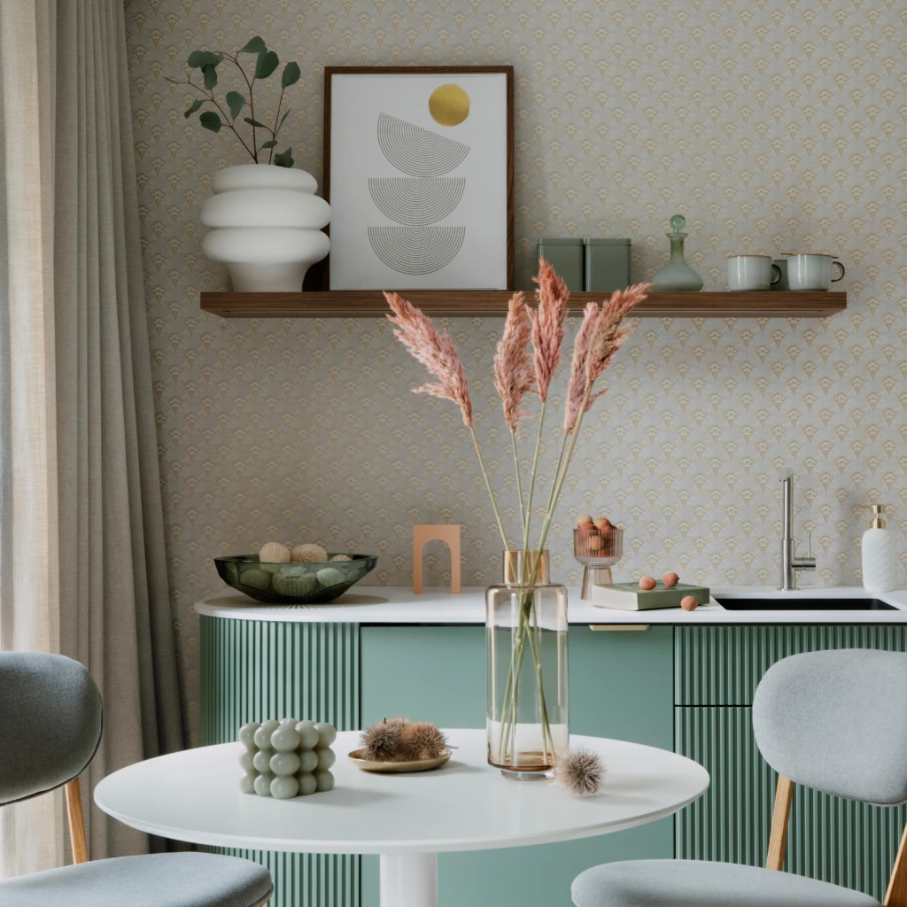 Küche im Boho-Stil und Pastellfarben