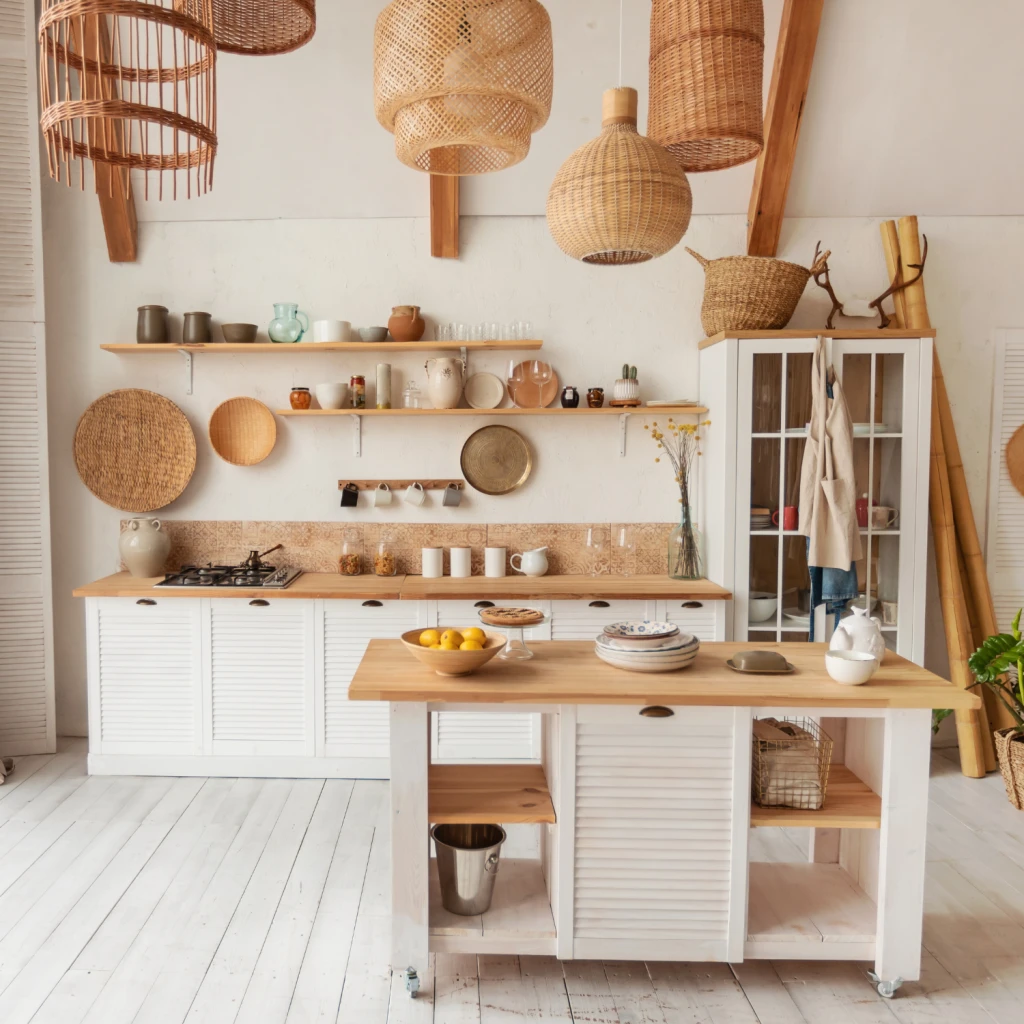 Helle Küche mit Deko aus natürlichen Materialien