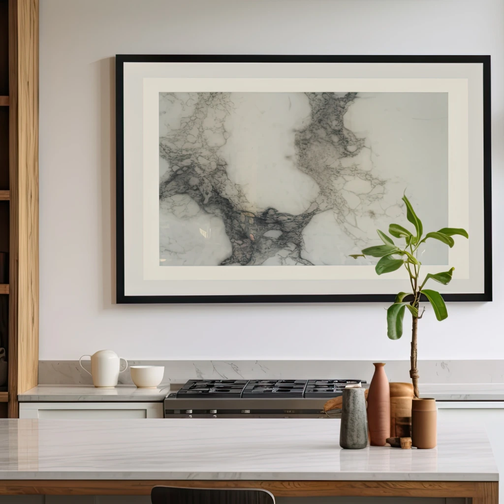 großes Bild mit Marmoroptik an einer kahlen Wand einer modernen Küche