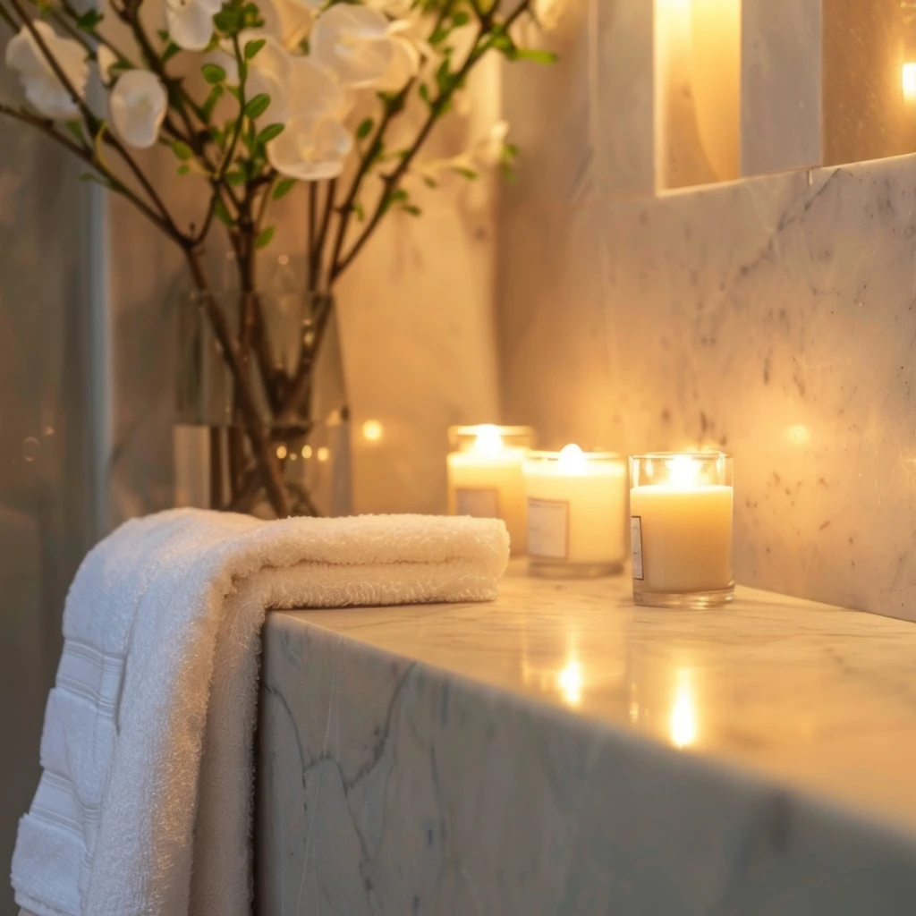 Marmorablage mit leuchtenden Kerzen und einem Handtuch