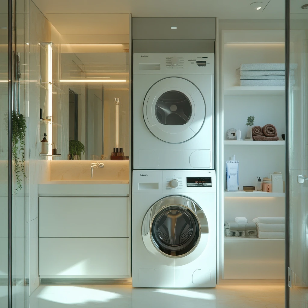 Platzsparende Lösung im modernen Badezimmer - Trockner über Waschmaschine in einer Nische